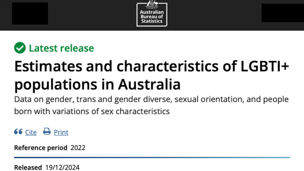 Screenshot of the ABS website, saying: "atest release
Data on gender, trans and gender diverse, sexual orientation, and people born with variations of sex characteristics"