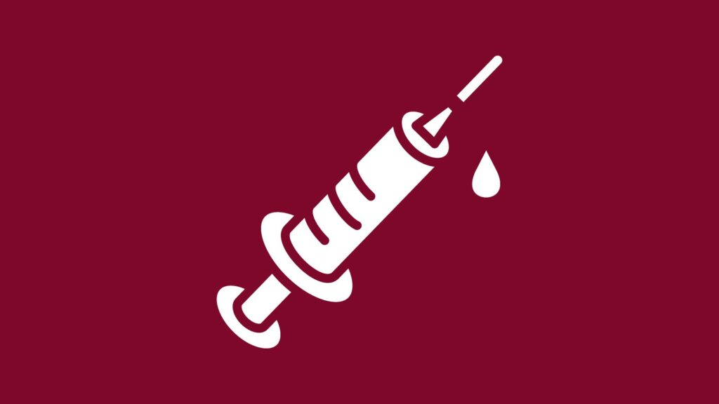 A line drawing of a syringe, with a droplet falling from the needle, on a Queensland maroon background