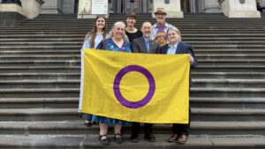Intersex folks and allies on the steps of the Victorian Parliament
